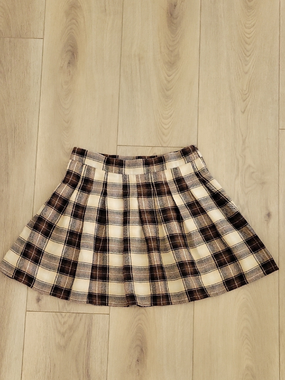Pleated Plaid Skater Skirt in Cream and Brown
